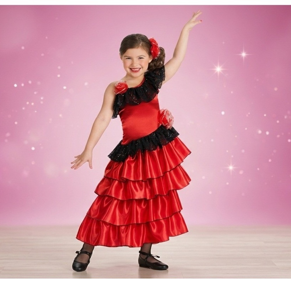 Spanish Princess Costume Girl Rubies Red Black Sequin Flamenco Dress Medium 8-10
